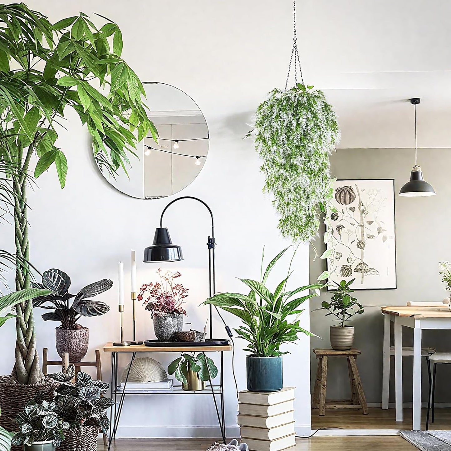 SJL 4pcs Artificial Hanging Lavender Plants Hanging Flowers Fake Ivy Long Plant Plastic Long Stem Faux Hanging Plants Indoor Greenery Look Real Decor for Garden Porch Farmhouse (White)
