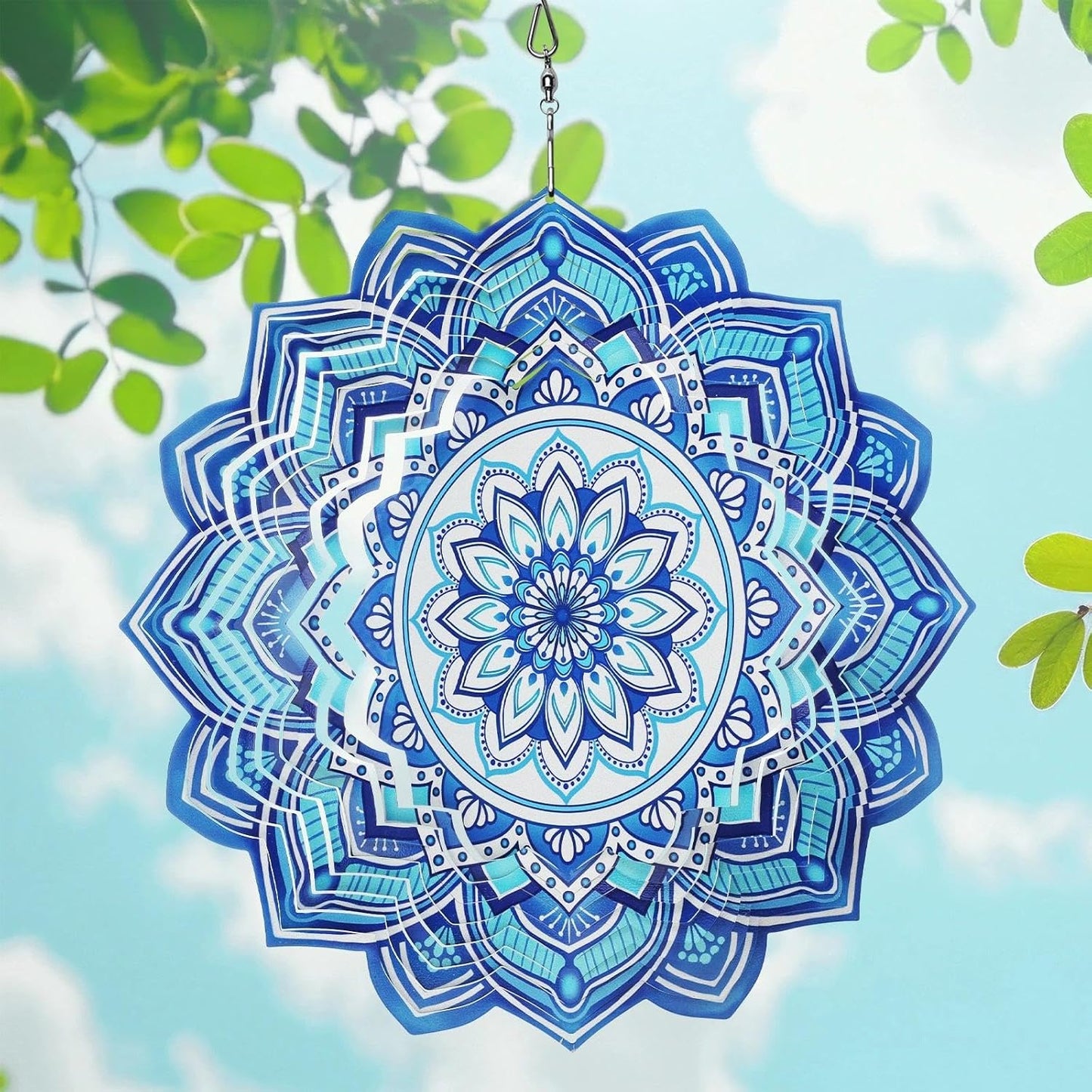 Wind Spinner Mandala Blue, 12-Inch 3D Kinetic Stainless Steel Metal Hanging Wind Spinners Outdoor, Flowers Yard Art Garden Porch Indoor Outdoor Decor