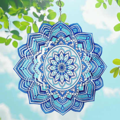 Wind Spinner Mandala Blue, 12-Inch 3D Kinetic Stainless Steel Metal Hanging Wind Spinners Outdoor, Flowers Yard Art Garden Porch Indoor Outdoor Decor