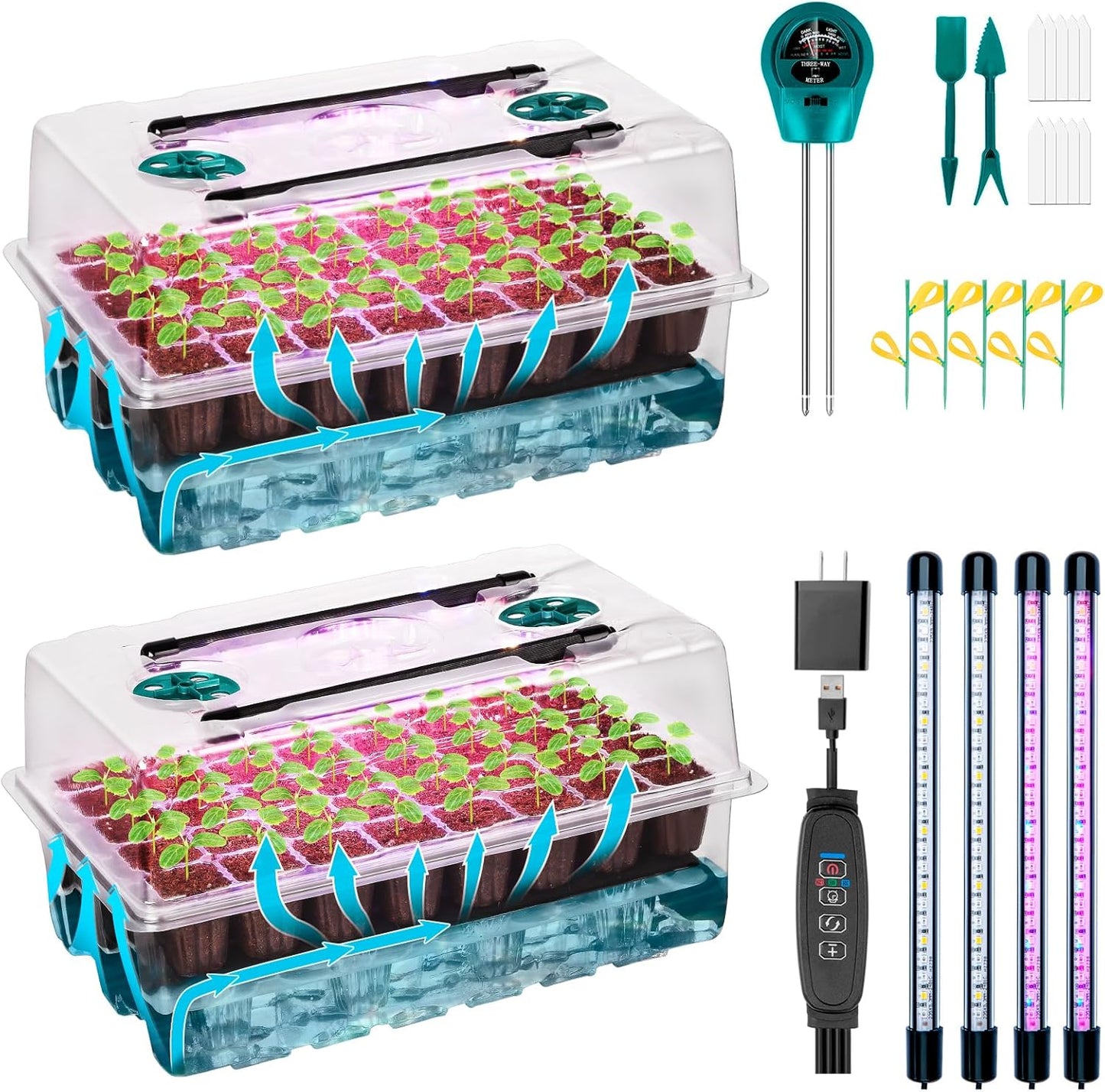 Self-Watering Seed Starter Tray with Grow Light, 80-Cell Plant Starter Trays Seed Starter Kit, Seed Starter Tray for Seed Starting, Plant Germination & Seedling Growing, 2 Pack