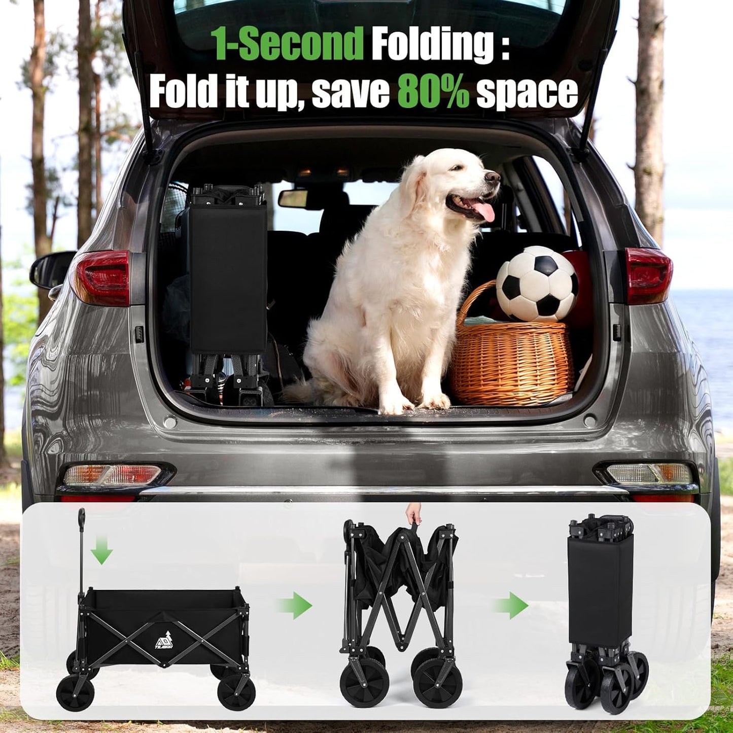 NBONEBS Collapsible Wagon Carts with Large Capacity, Utility Beach Wagons Duty, 300LBS Wagons Carts Heavy Duty Collapsible Wagon Outdoor for Camping, Garden, Sports, Picnic. Black-Ye2.