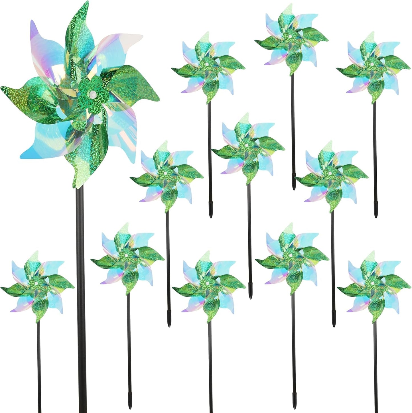 winemana 12 Pcs Reflective Pinwheels Outdoor, Wind Spinners for Yard & Garden, Sparkly Bird Repellent Windmill Scare Birds Away, Deterrent Devices for Outside Patio Lawn Spring Decor (Green)