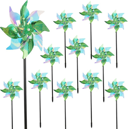 winemana 12 Pcs Reflective Pinwheels Outdoor, Wind Spinners for Yard & Garden, Sparkly Bird Repellent Windmill Scare Birds Away, Deterrent Devices for Outside Patio Lawn Spring Decor (Green)
