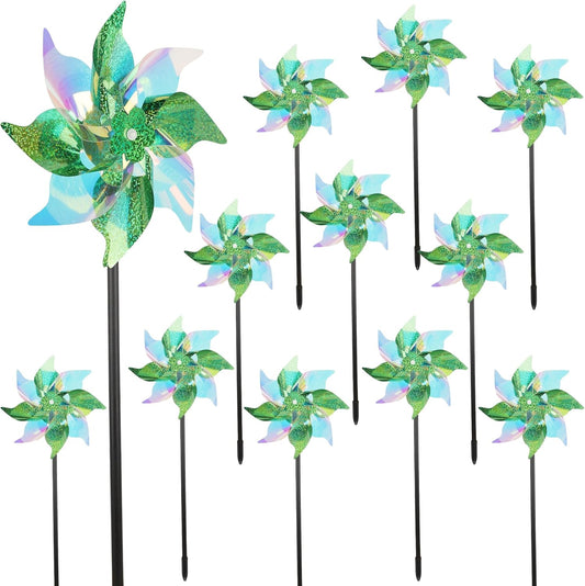 winemana 12 Pcs Reflective Pinwheels Outdoor, Wind Spinners for Yard & Garden, Sparkly Bird Repellent Windmill Scare Birds Away, Deterrent Devices for Outside Patio Lawn Spring Decor (Green)