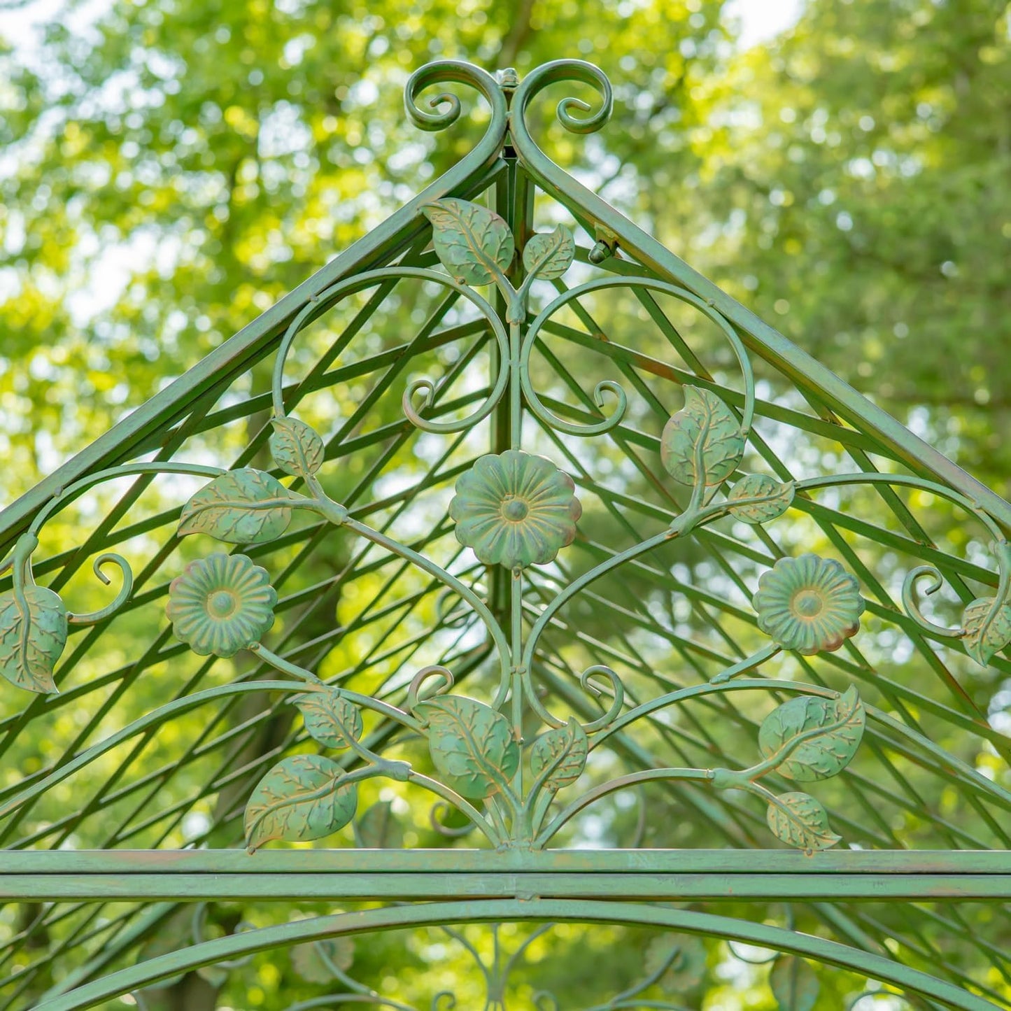 9.5ft T Iron Garden Arch with Embellished Trellis London 1820" (Antique Green)