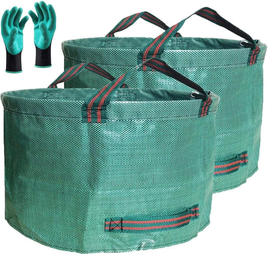 Professional 2-Pack 63 Gallons Lawn Garden Bags Yard Waste Bag (D31, H19 inches) with Gardening Gloves,Standable,Reusable Leaf Grass Bag,Garden Trash Containers,Lawn Yard Waste Bags with 4 Handles