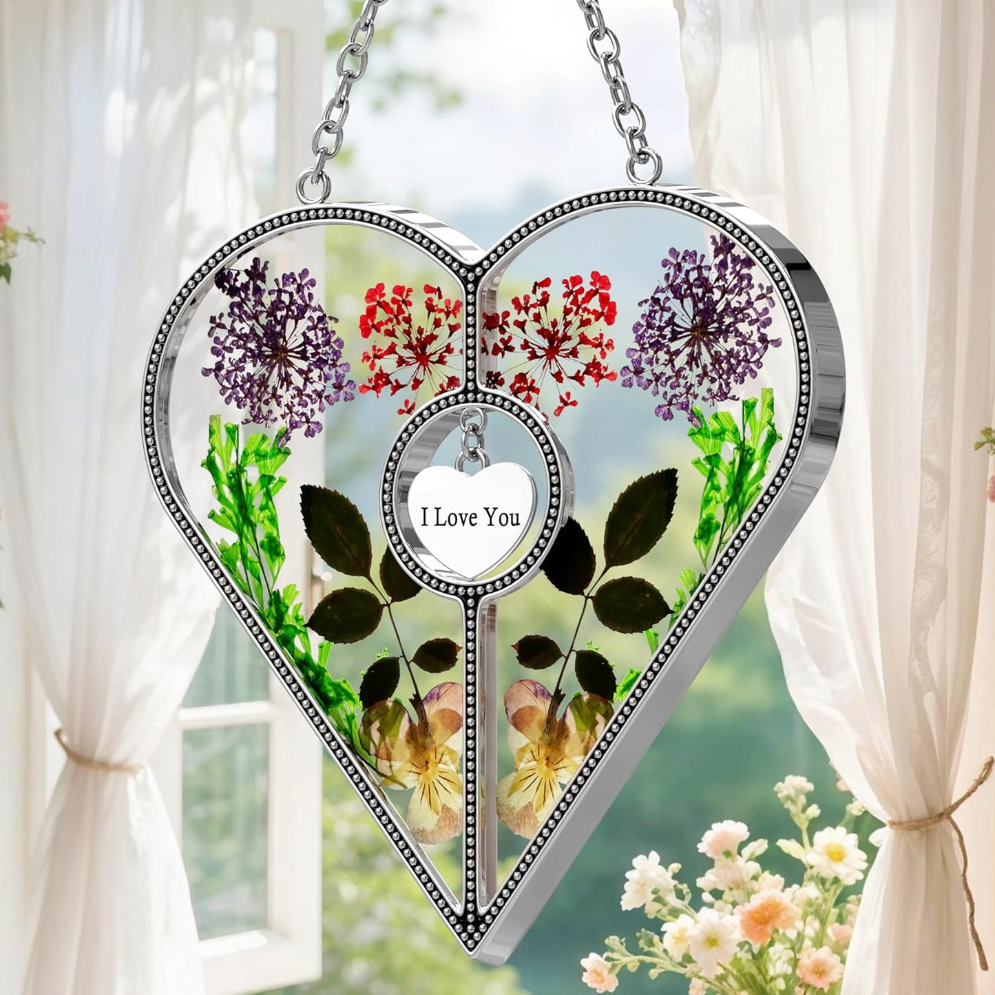 KY&BOSAM Heart Suncatcher Mom Gifts Stained Glass Panels for Windows Hangings Wind Chime with Pressed Flower and Metal I Love You Heart Charm Windows Indoor Trees Wedding Party Home Decoration