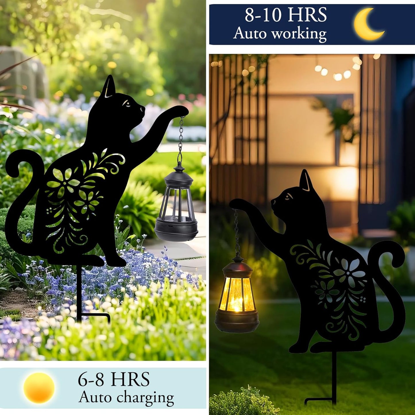 Afirst Solar Outdoor Garden Stake Solar Cat Decorative Stake Light with Lantern Decorative Lights Metal Outdoor Ornament for Yard Pathway Lawn Patio Decoration