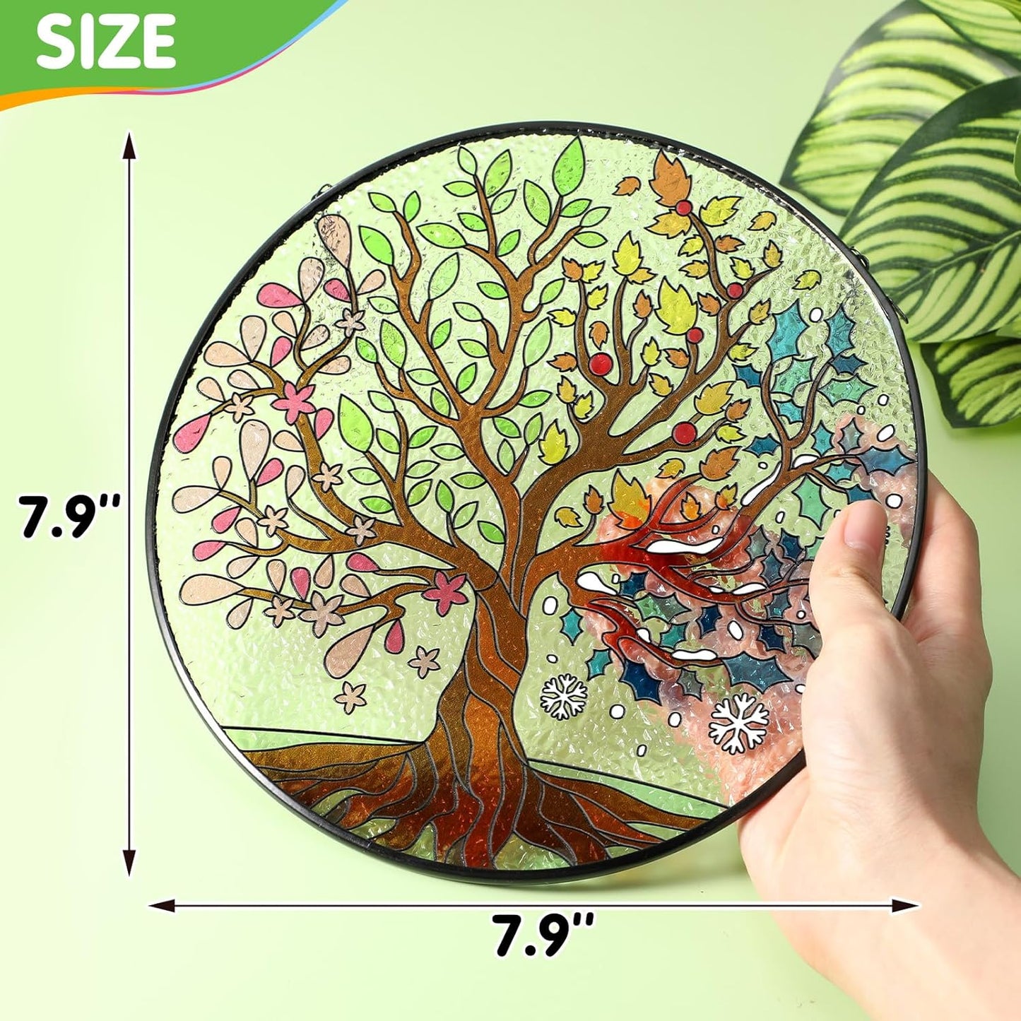 Tuitessine Big Size Tree of Life Stained Glass Suncatcher Four Season Theme Colorful Leaves Wall Window Hanging Ornament Hand-Painted Glass Panel Gift for Women Christmas Thanksgiving Gift 7.9 × 7.9”