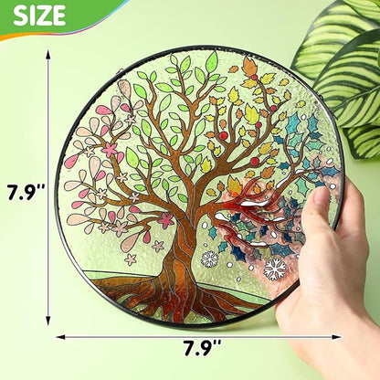 Tuitessine Big Size Tree of Life Stained Glass Suncatcher Four Season Theme Colorful Leaves Wall Window Hanging Ornament Hand-Painted Glass Panel Gift for Women Christmas Thanksgiving Gift 7.9 × 7.9”