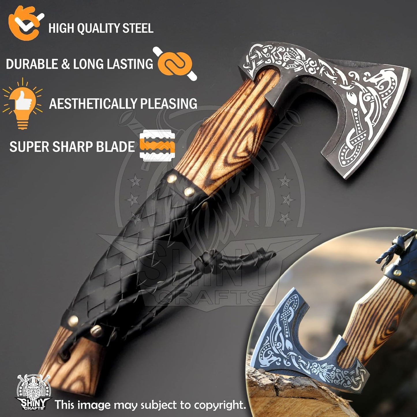SHINY CRAFTS®- Hand-Forged Viking Axe for Men Leather-Wrapped Handle & Sheath Great for Birthdays, Holidays, or Weddings (SCA-19)