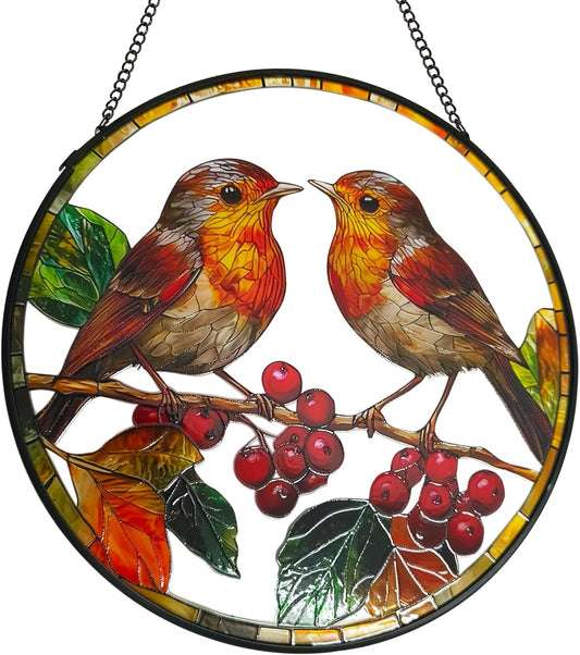 Robins Sun Catcher Stained Glass Window Hanging Suncatcher Indoor Window with Metal Chain, Birds