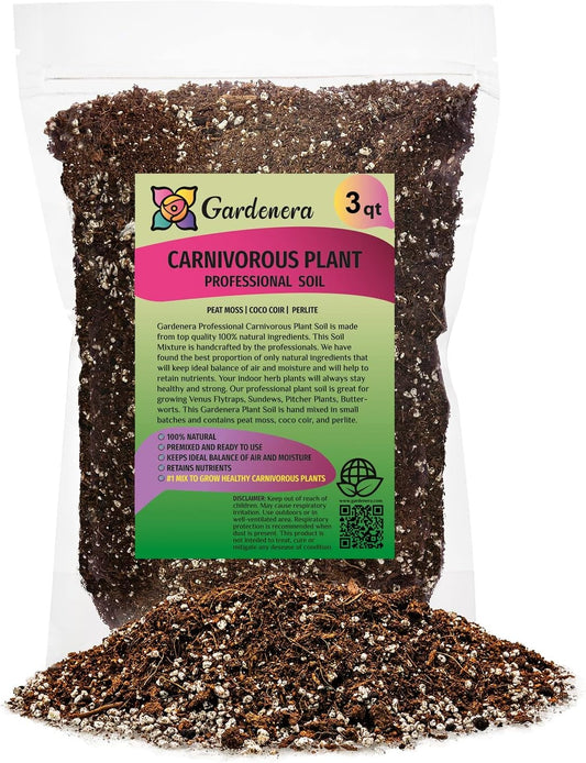 Gardenera Professional Carnivorous Plant Soil - Ready to Use for Venus Flytraps, Sundews, Pitcher Plants, Butterworts | Peat Moss, Coco Coir, Perlite - 3 Quart Bag