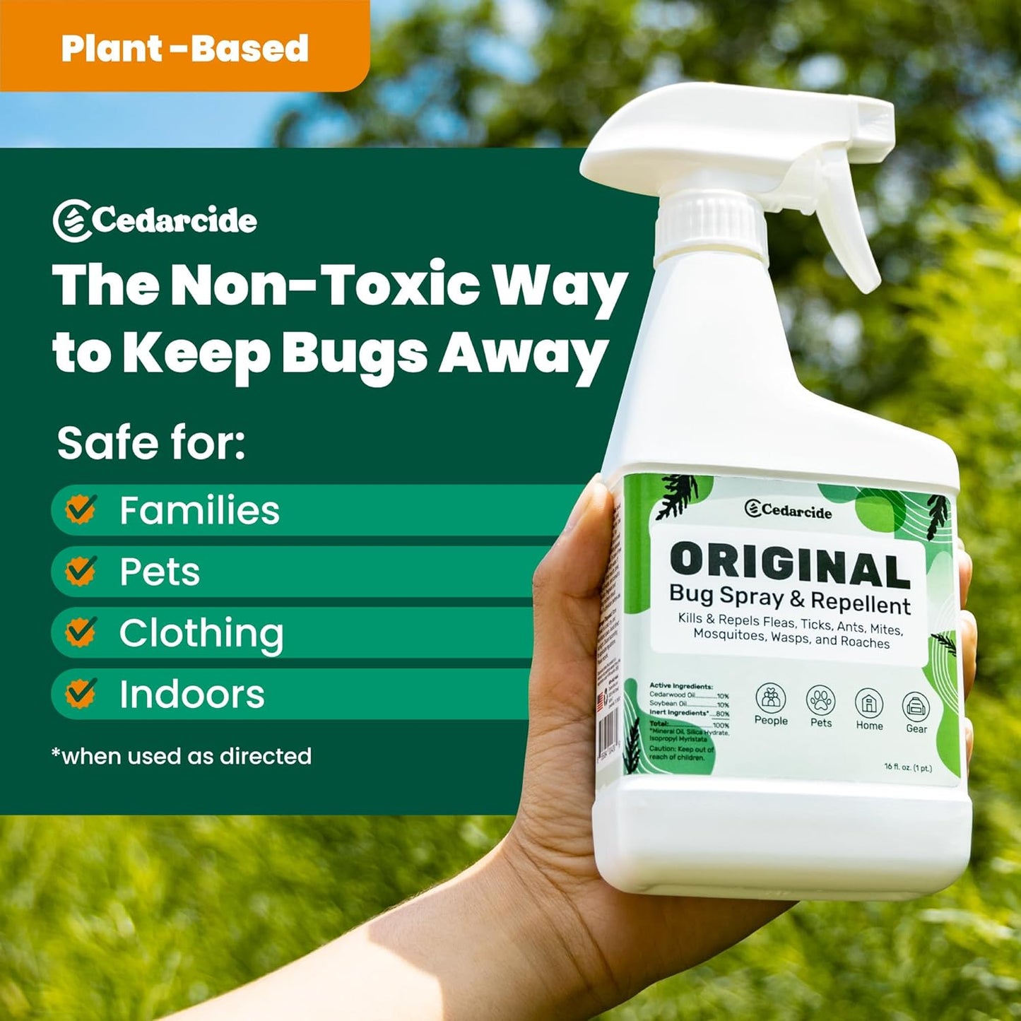 Cedarcide Original: Eco-Friendly Bug Spray - Repel & Kill Fleas, Ticks, Mosquitoes, Mites, Ants & Chiggers - for use on People, Pets & Home - Natural Cedar Oil - Pint