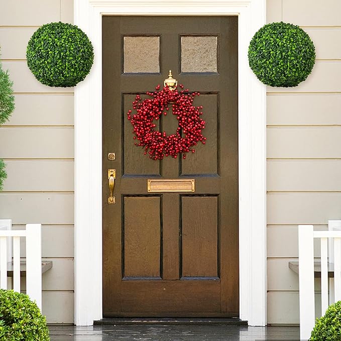 Goplus 2 PCS 15.7 Inch Artificial Plant Topiary Ball, Round Faux Boxwood Balls Outdoor, Garden Spheres Decorative for Front Door, Porch, Backyard, Balcony, Patio, Wedding and Home Décor