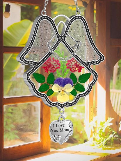 KY&BOSAM Angel Suncatcher I Love You Mom Stained Glass Panels for Windows Wind Chime with Pressed Flower Glass with Metal Trim Heart Charm Birthdays Gift for Mom Mothers Day Valentine's
