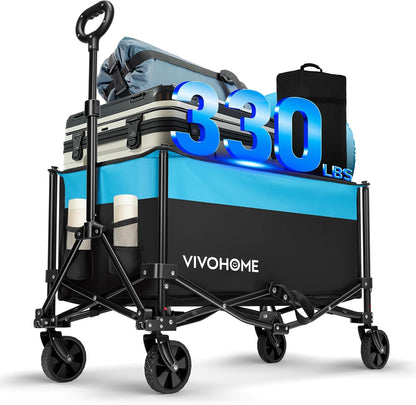 VIVOHOME Collapsible Wagon Carts, 330lbs 170L Utility Heavy Duty Foldable Wagons with Universal Wheels, Cup Holders & Side Pocket, Adjustable Handle, for Camping, Garden, Sports, Picnic, Shopping