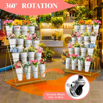 Flower Display Stand with Buckets, 4 Layers 16 PCS Buckets Plant Stand with Wheels, Movable Metal Plant Stand for Terrace Garden, Living Room, Florist Shop (Gold Frame - White Buckets, 4-Tier- 16 Buckets)