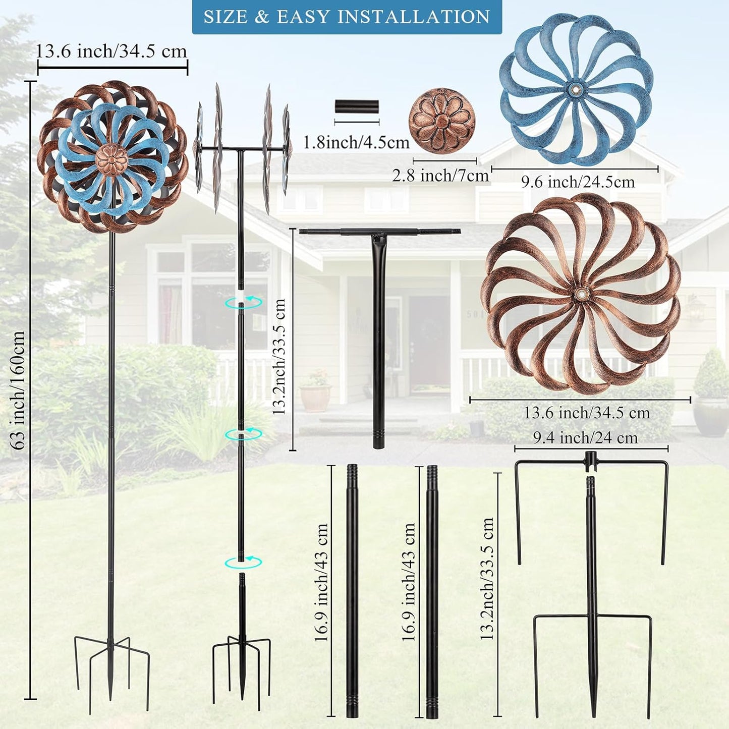 Metal Wind Spinners Outdoor, 14 Inch Dia Kinetic Wind Sculptures & Spinners with Stake, 61" H Windmill Yard Art Decor for Patio Lawn Garden, Copper Blue