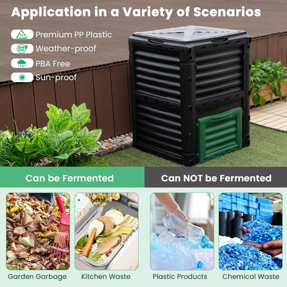 Compost Bin Outdoor, 80 Gallon Garden Compost Bin with Top Lid & Bottom Door, Aerating Outdoor Compost Box Waste Container Barrel Fertilizer for Garden & Yard (Black & Green)