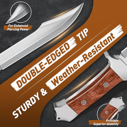 PURPLEBIRD 10" Fixed Blade Hunting Knife for Men, Full Tang Bowie Knife with Sheath, Heavy Duty Machete Knifes, Stainless High Carbon Steel Survival Knives for Camping, Bushcraft, Gifts for Men