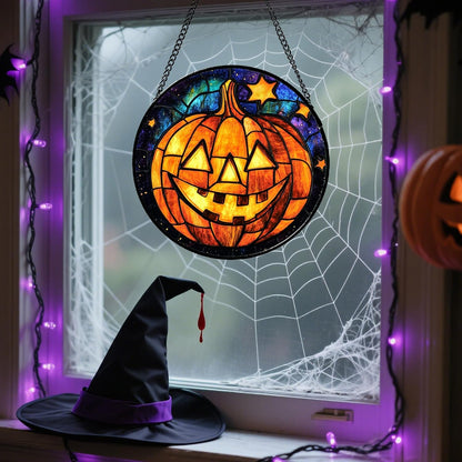 Stained Glass Window Hanging Halloween Horror Golden Pumpkin 7.8" - Suncatcher Door Garden Sunroom Gothic Style Sun Catcher Birthday for Friend Mom Men Woman Nana