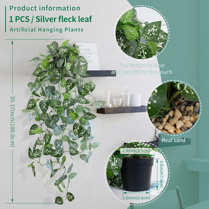 LOYWREE 39-in Long Fake Hanging Plant with Pot Faux Pothos Artificial Potted Plants Small Faux Ivy Vine Plant for Indoor Outdoor Aesthetic Office Living Room Shelf Decor (Black Pot)