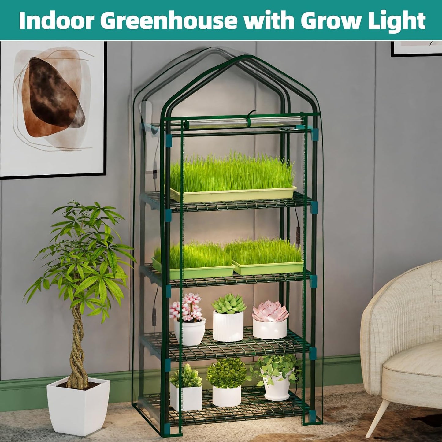 Indoor Greenhouse with Grow Lights 4 Tier Greenhouse with 4 Full Spectrum Plant Grow Lights for Early Spring Seed Germination and Indoor Growing