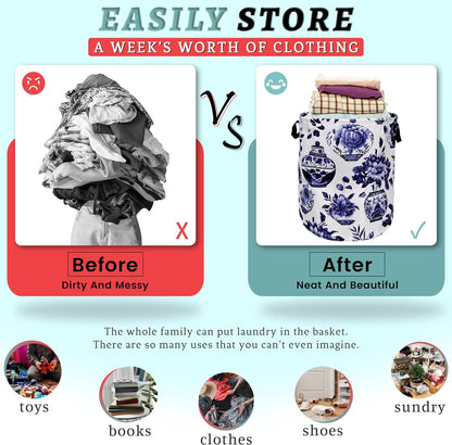 Blue White Floral Laundry Basket Foldable With Handles Vase Flower Tote Bag Oxford Cloth Color Laundry Hamper Clothes Storage Bucket Toy Organizer For Bathroom/Laundry/Bedroom 18.9"x16.5 "