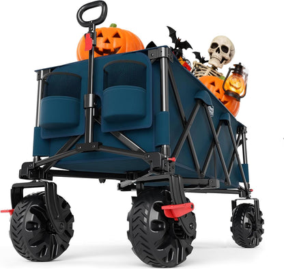 Timber Ridge 51.2" Extended Collapsible Wagon - Heavy-Duty Utility Cart with All-Terrain Wheels, Brakes & Cargo Net, 400L Capacity for Camping, Sports & Shopping, Blue