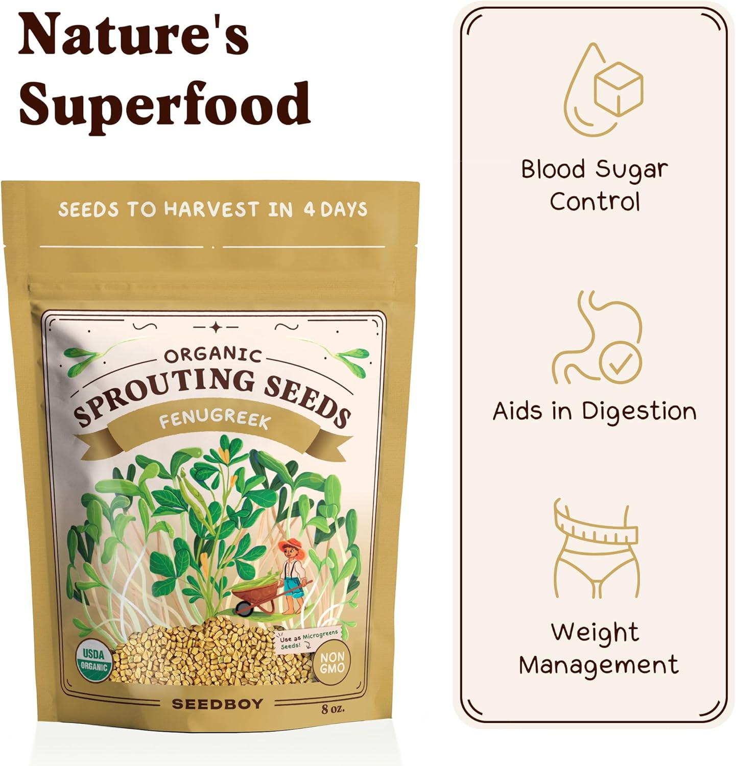 Seedboy Organic Non-GMO Fenugreek Seeds for Sprouting - Microgreens Sprouting Seeds - 8 oz Bag Makes 8 Quarts / 24 Servings (Fenugreek)