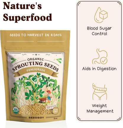 Seedboy Organic Non-GMO Fenugreek Seeds for Sprouting - Microgreens Sprouting Seeds - 8 oz Bag Makes 8 Quarts / 24 Servings (Fenugreek)