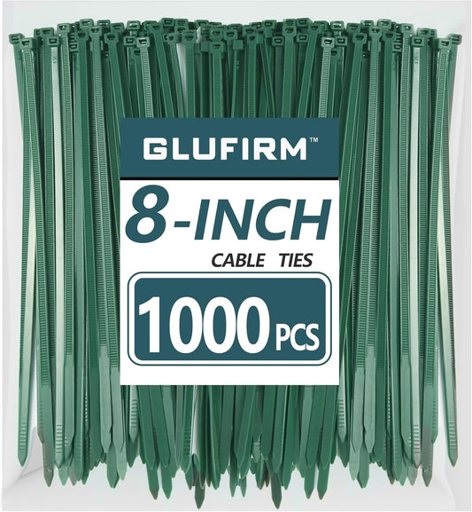 Green Zip Ties 8 inch (1000 Pack), 45lb Tensile Strength, Cable Ties for Indoor and Outdoor Use, UV and Cold Resistant Wire Ties for Home, Garden, Fencing, Glufirm