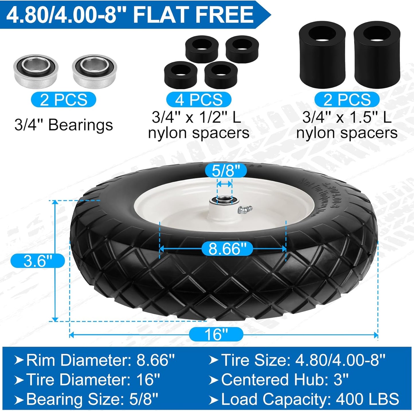 4.80/4.00-8" Flat Free Wheelbarrow Tire and Wheels, 16" Universal Fit Solid Tire with 5/8" or 3/4" Bearing, 3"-7" Hub, Adapter Kit Hand Truck Wheel Replacement for Garden Trailer, Wagons, 1 PCS