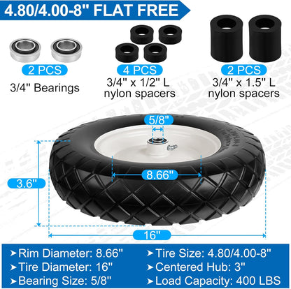 4.80/4.00-8" Flat Free Wheelbarrow Tire and Wheels, 16" Universal Fit Solid Tire with 5/8" or 3/4" Bearing, 3"-7" Hub, Adapter Kit Hand Truck Wheel Replacement for Garden Trailer, Wagons, 1 PCS