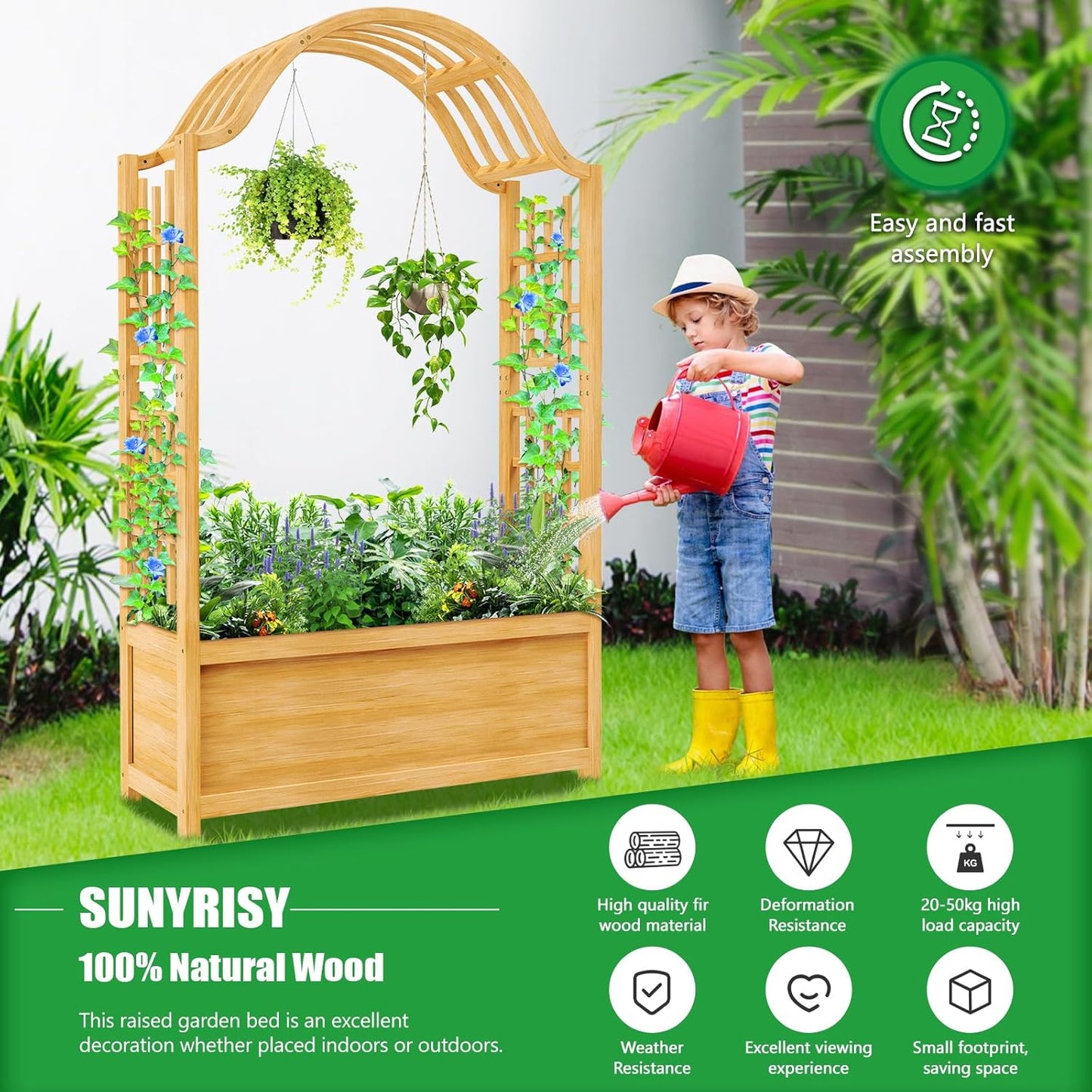 SUNYRISY Raised Garden Bed with Arch Trellis, Wooden Outdoor Vertical Planter Box for Climbing Plant Vine Flowers Vegetables, Planter Raised Bed with Hanging Roof and Drainage Holes