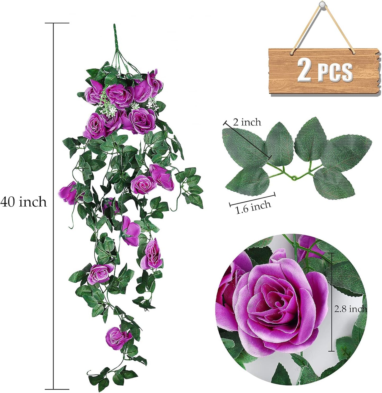 RECUTMS 2Pieces 3.3Ft Fake Hanging Flowers Artificial Rose Plants Wall Décor Wedding Home Garden Decoration (Purple)