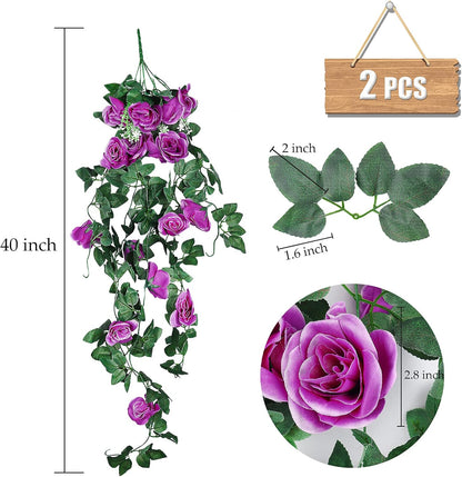 RECUTMS 2Pieces 3.3Ft Fake Hanging Flowers Artificial Rose Plants Wall Décor Wedding Home Garden Decoration (Purple)