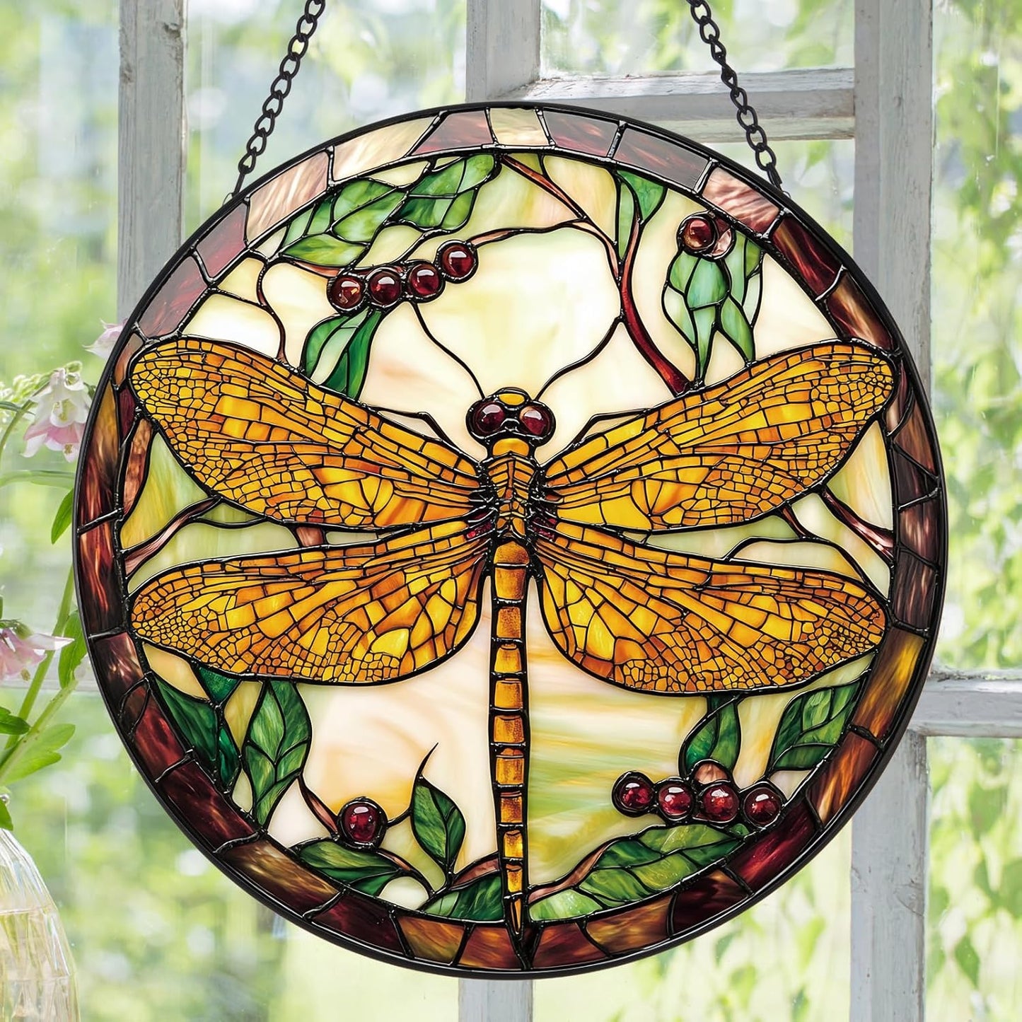 Dragonfly Plant Suncatcher -7.9 in Stained Glass Window Hanging Sun Catcher Garden Decor