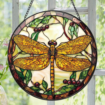 Dragonfly Plant Suncatcher -7.9 in Stained Glass Window Hanging Sun Catcher Garden Decor