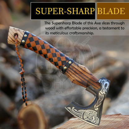 SHINY CRAFTS®- Handmade Viking Axe – Unique Gift for Him Engraved Carbon Steel Hatchet with Leather Sheath for Dad, Husband, Outdoorsman (SCA-03)