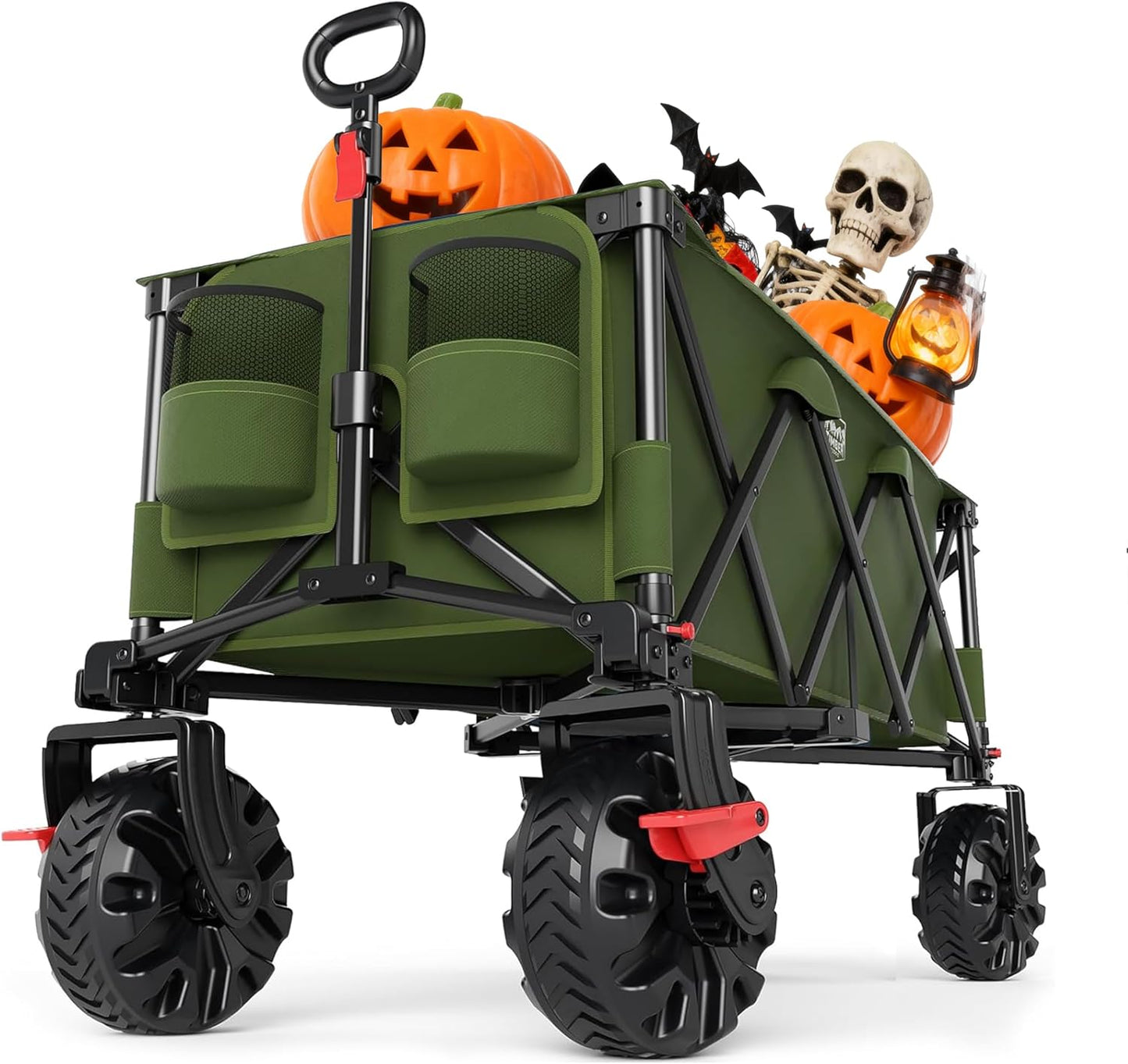 Timber Ridge 51.2'' Extended Collapsible Wagon Cart with Brakes and Cargo Net, Heavy Duty Foldable Utility Wagon with Adjustable Handle, 400L Capacity Portable Cart for Camping Sports Shopping