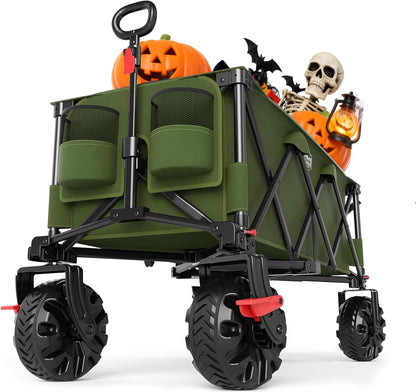 Timber Ridge 51.2'' Extended Collapsible Wagon Cart with Brakes and Cargo Net, Heavy Duty Foldable Utility Wagon with Adjustable Handle, 400L Capacity Portable Cart for Camping Sports Shopping