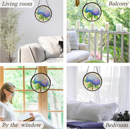 kdqua Hydrangea Flower Suncatcher Stained Glass Window Hanging, Blue Hydrangea Sun Catchers Indoor Window Glass Round Wall Decor, Floral Wall Art Hanging Decorations Statues, 7.9x7.9in