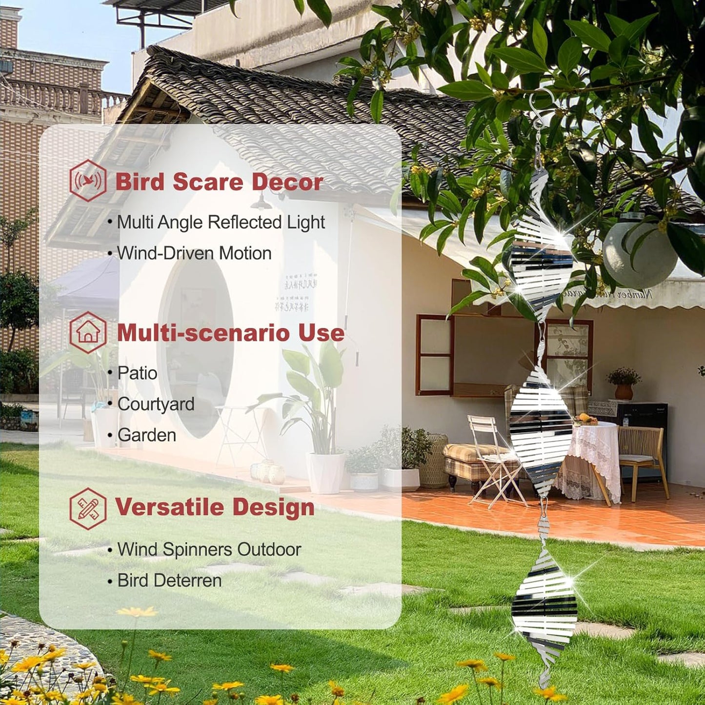 DELAVIDA Stainless Steel Bird Scare Devices, 3D Wind Spinners Outdoor, 9 Discs Set, Reflective Decor to Keep Swallow Pigeon Sparrow Away from House Patio Garden (Fish Bone)