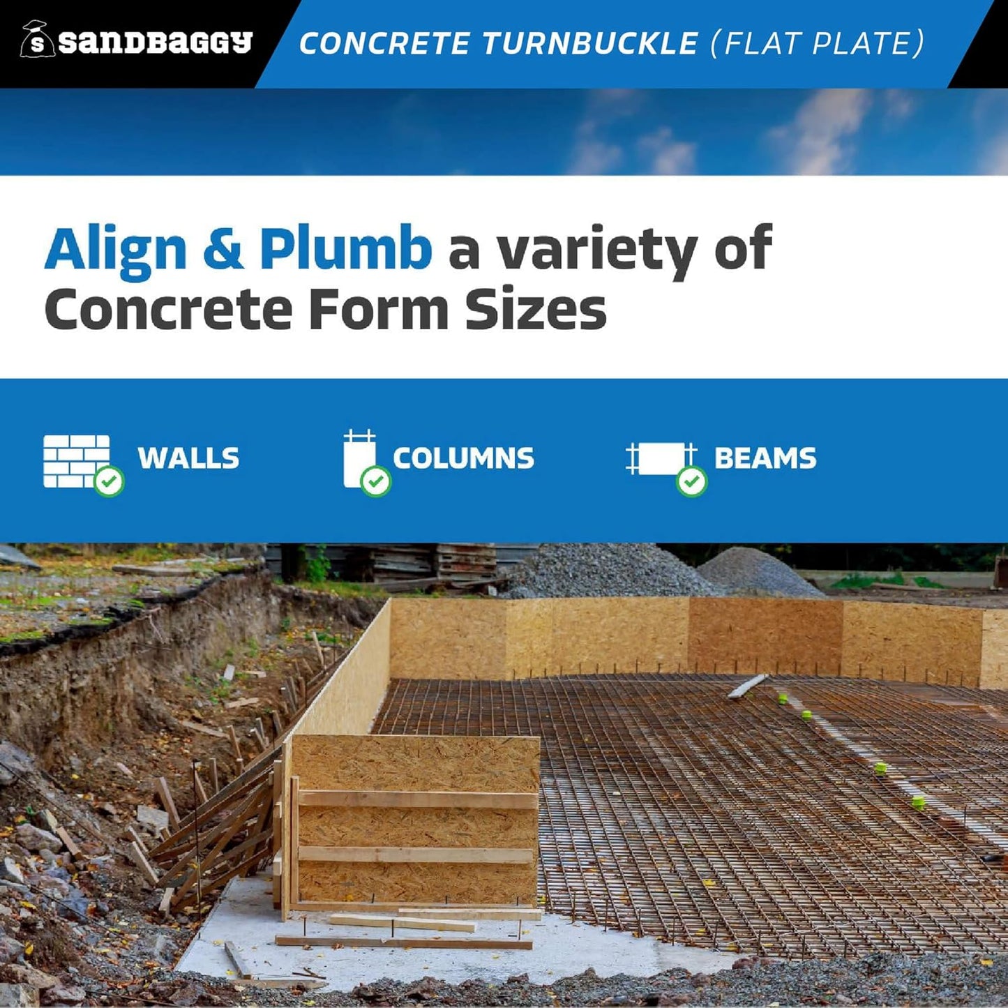 Sandbaggy Concrete Turnbuckle Form Aligner with 5" x 3" Flat Plate (35" - 37.5" Length) - Rust Resistant Steel - Adjustable Wall Brace - Aligns & Plumbs Form Walls, Columns, or Beams (35 inches, 100)