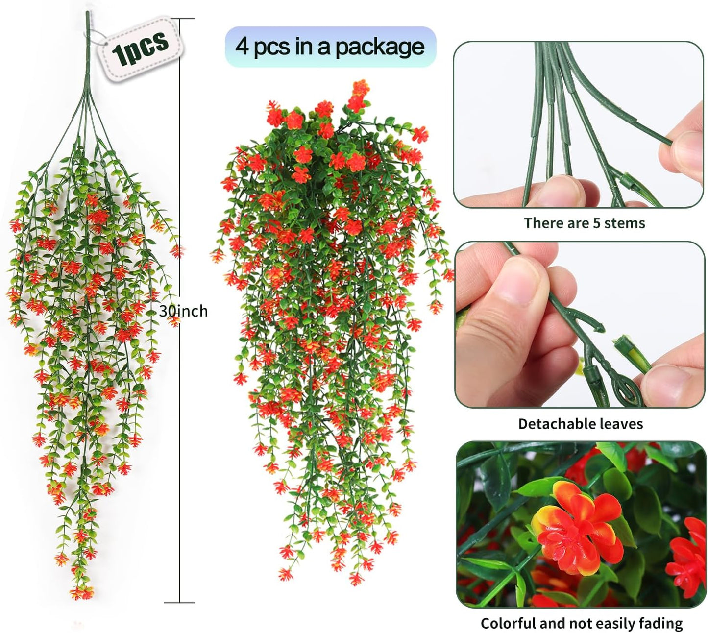 SJL Fall Artificial Hanging Plant Fall Faux Eucalyptus Leaf Fake Hanging Vines UV Resistant Fake Mums for Outdoors Faux Autumn Plants for Home Indoor Outdoor Thanksgiving Decor (Orange)