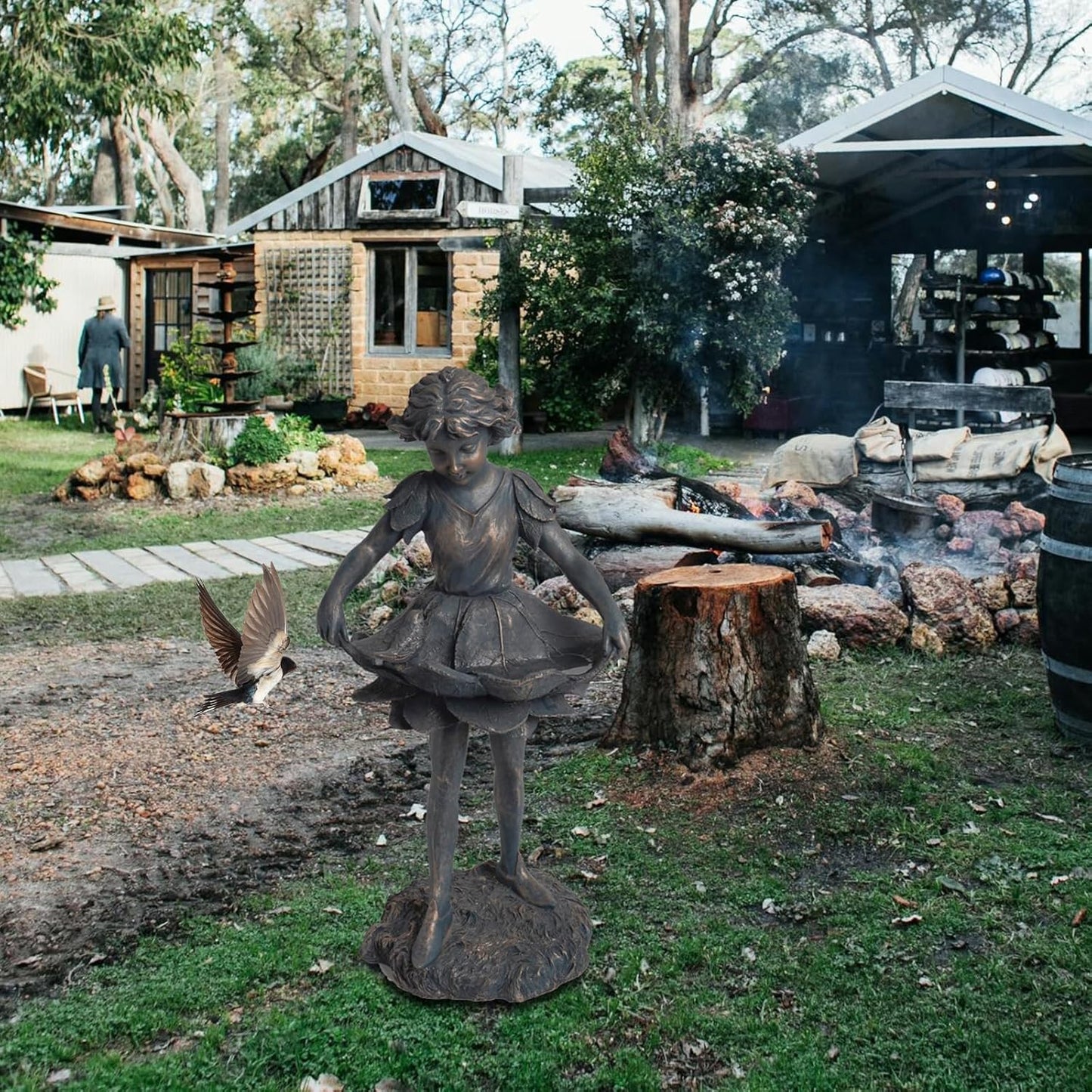 Outdoor Garden Statues - Bird Bath & Feeder Combo - Standing Angel Fairy Statues, 14.25*12.25*28.75 Inch
