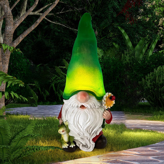 Gnome with Frog and Flower, Solar Garden Lights, Decor for Yard, Patio, Lawn - Novel Gift for Women, Mom, Friends(Green Hat Gnomes)