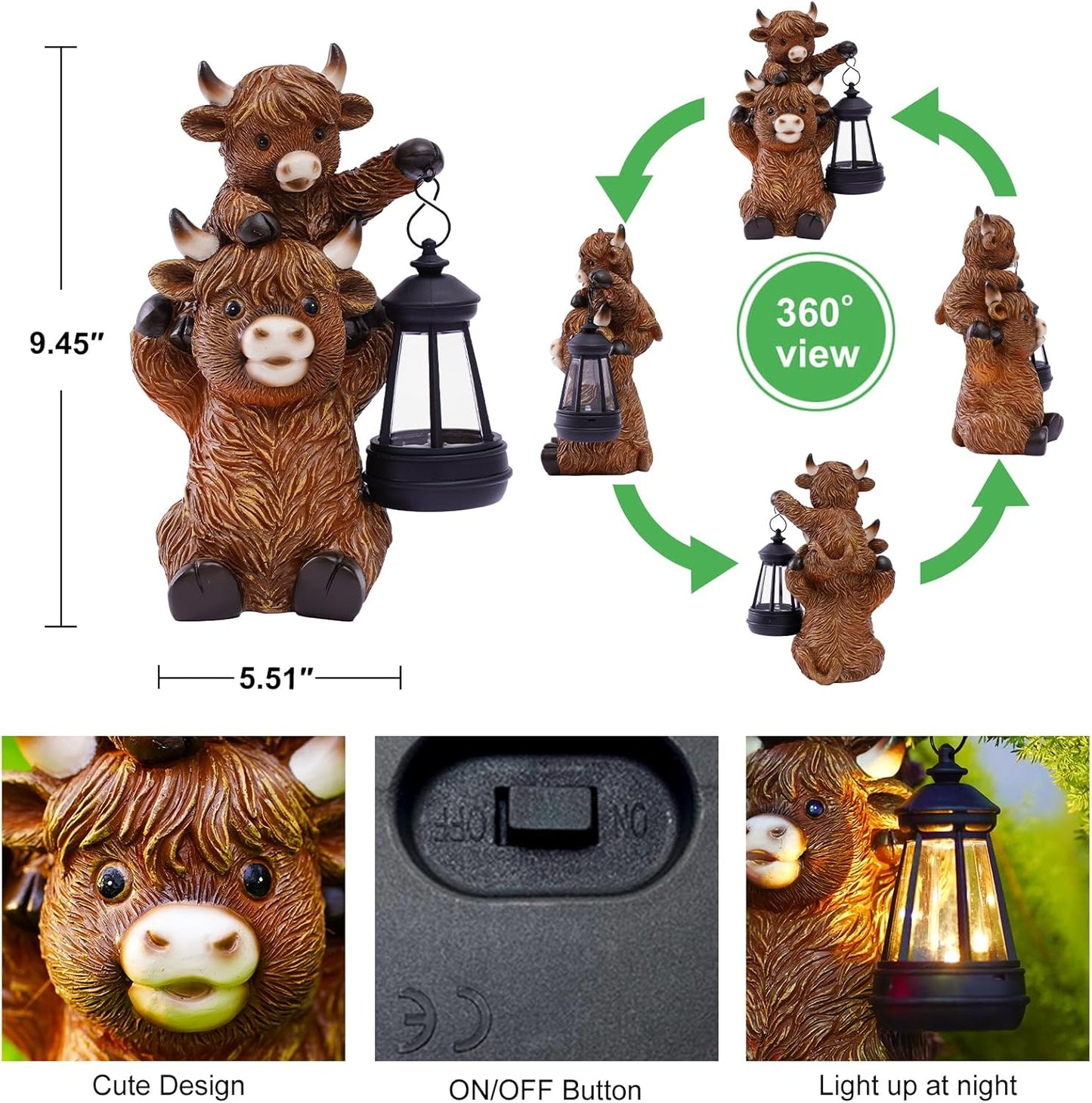 Solar Highland Cow Garden Decor - Resin Cow Statue with Solar Lantern Outdoor Yard Patio Decor - Ideal Gifts for Women,Mom Men (Copper)